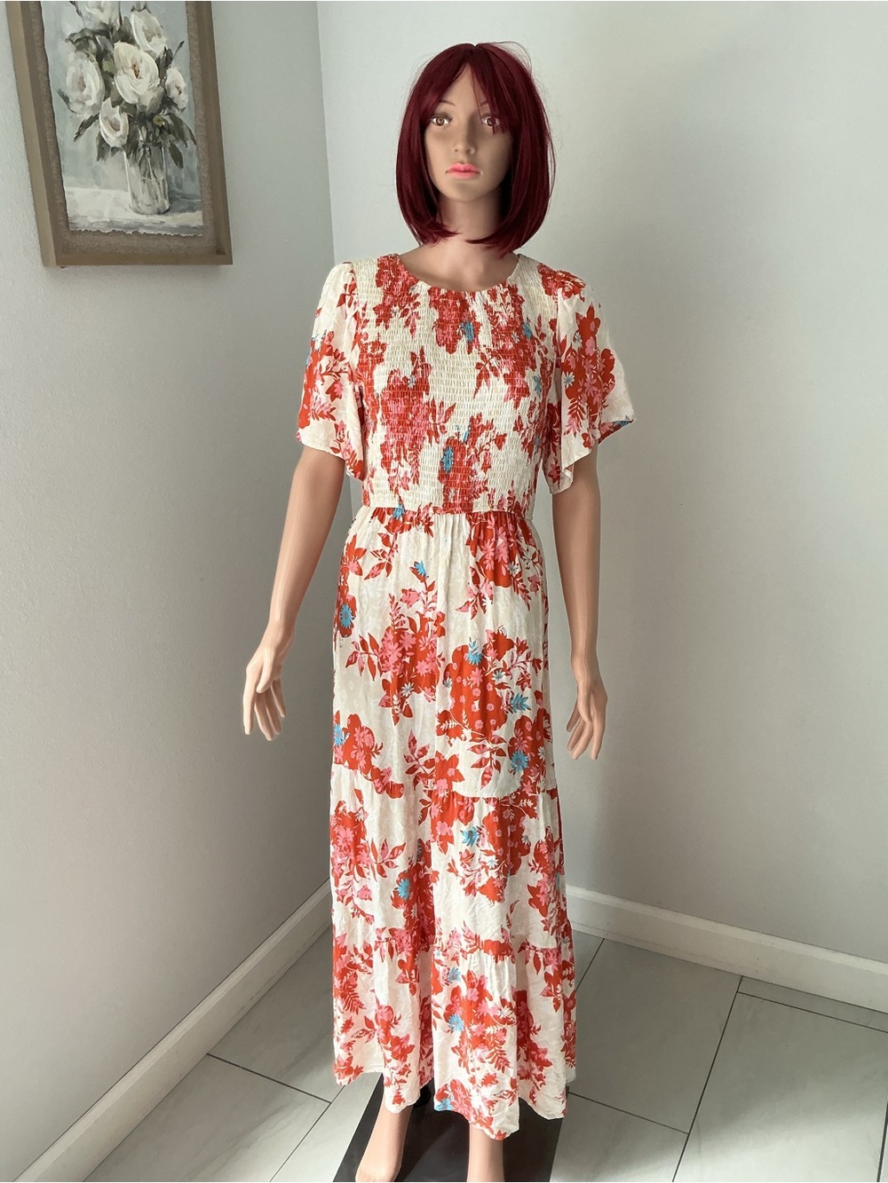 Zesica White & Orange Floral Maxi Dress with Smocked Bodice